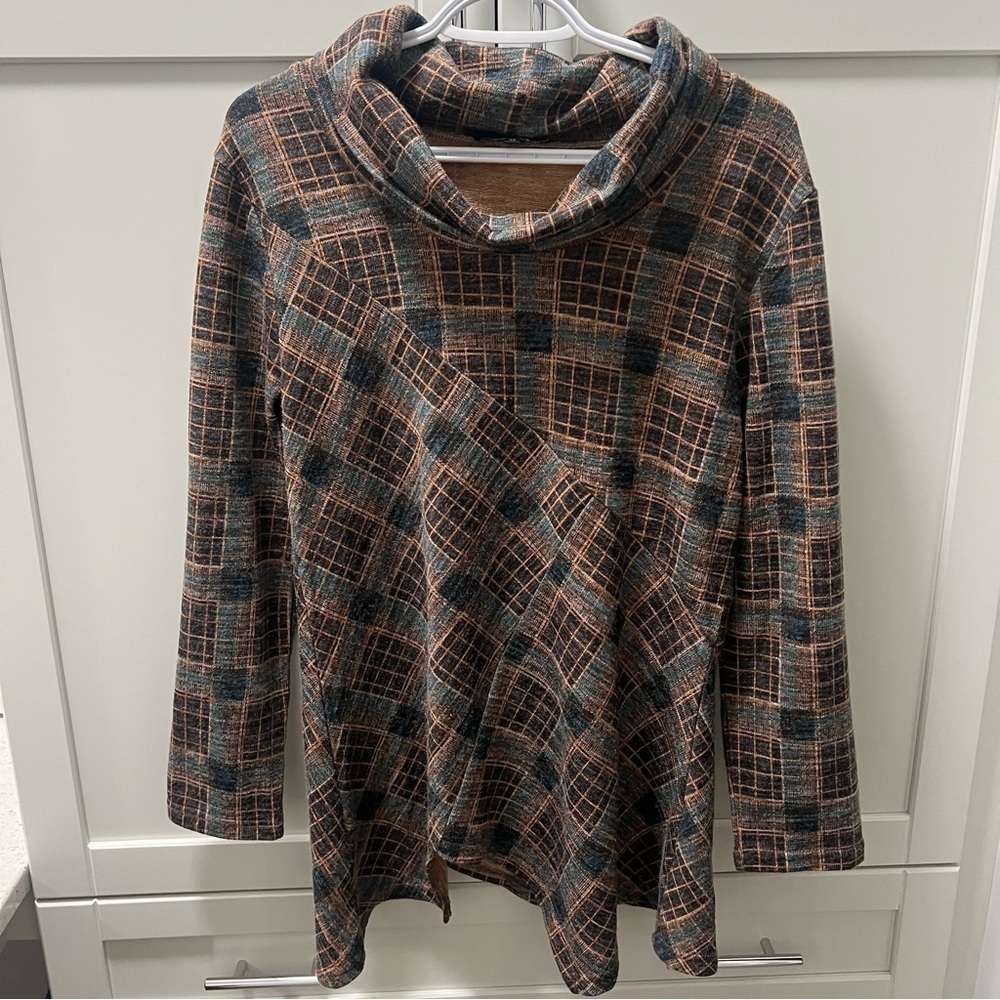 Slow Fashion PAPA VANCOUVER Checkered Tunic Top | Cowl Neck | Size Medium